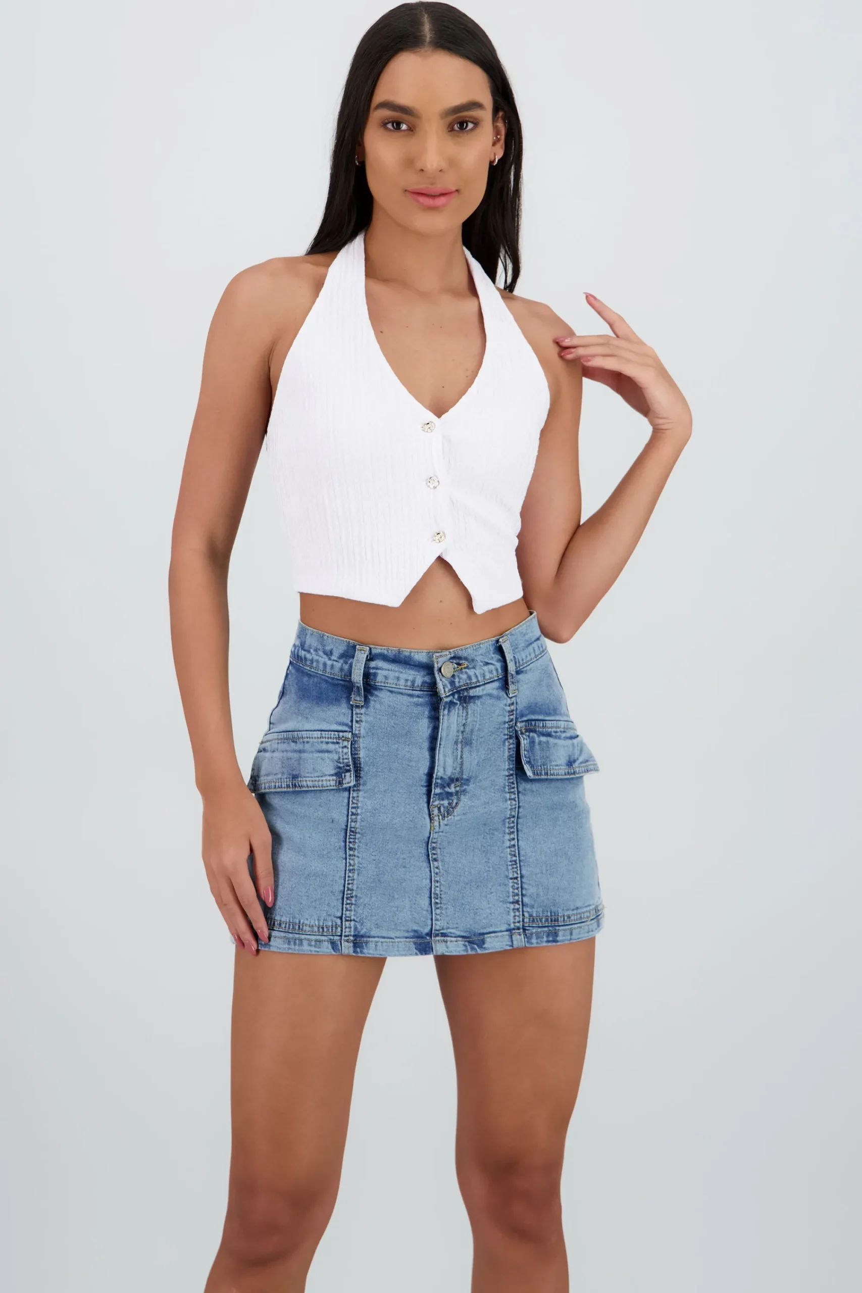 Shasa Textured Halter Top with Buttons