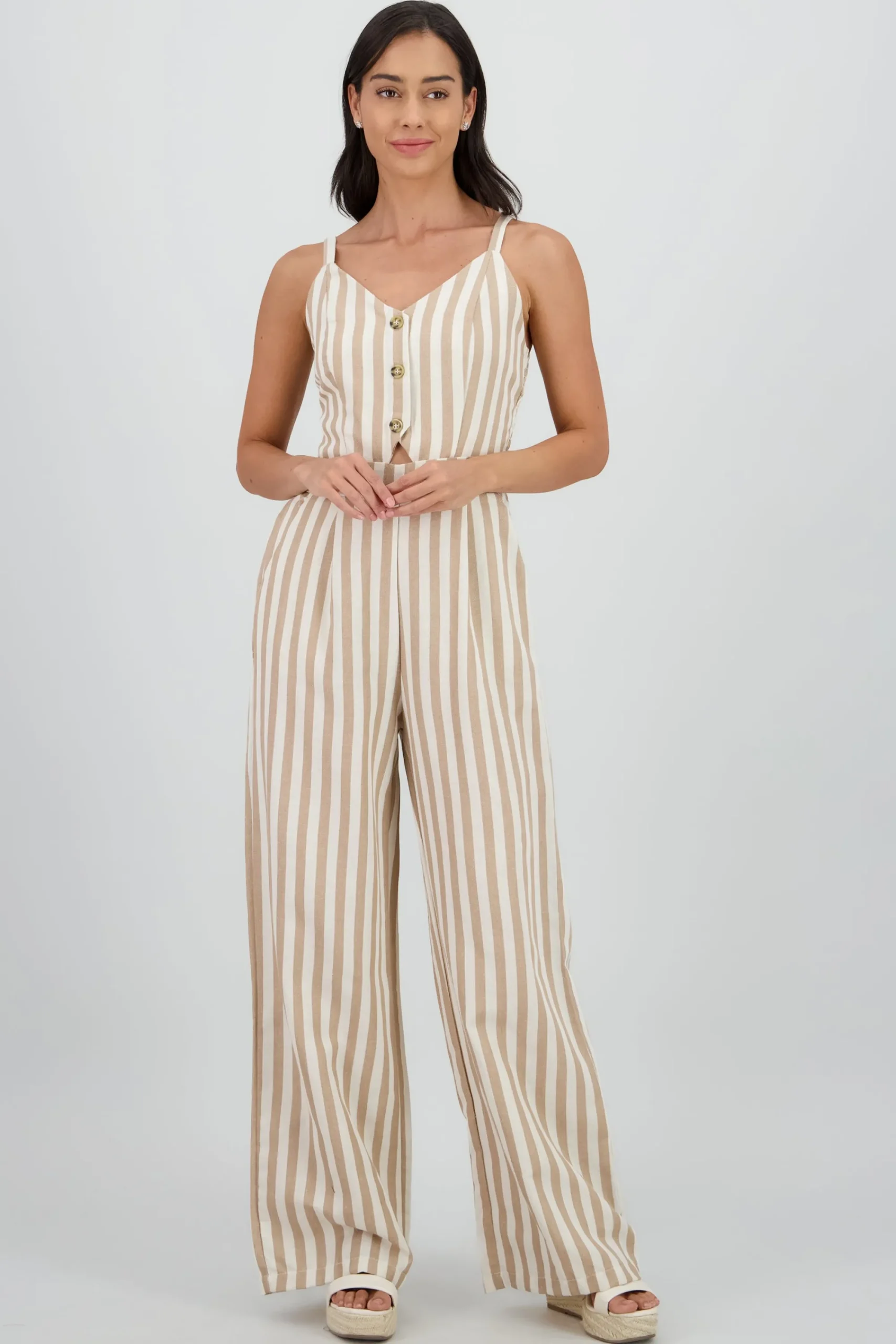Shasa V Neck Striped Jumpsuit with Straps