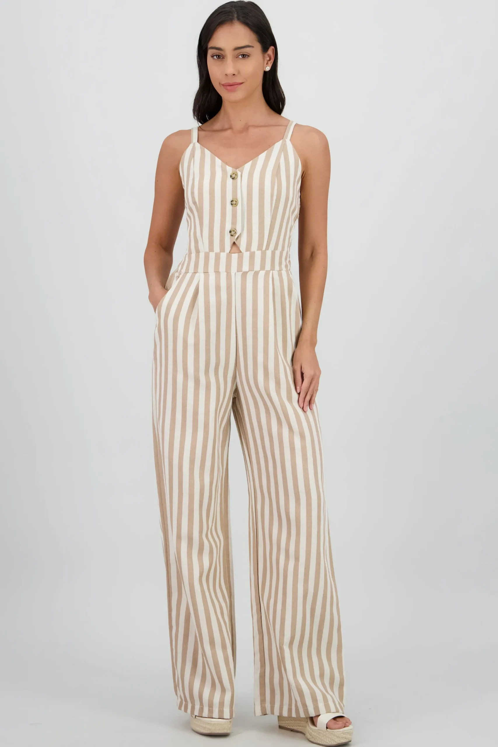 Shasa V Neck Striped Jumpsuit with Straps