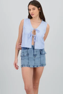 Shasa V Neck Top with Striped Bow Details