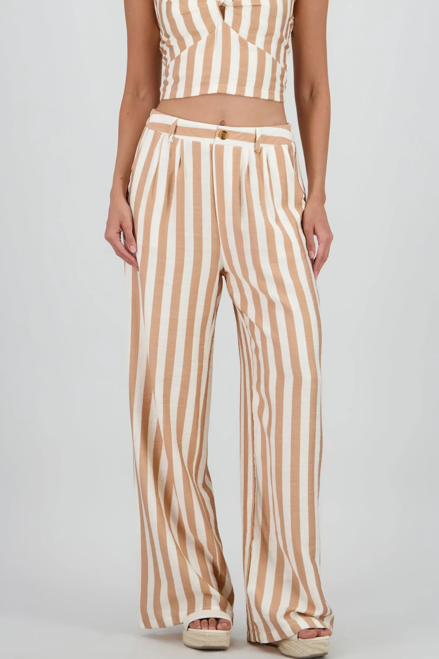 Shasa Wide Leg Striped Pants with Button Detail