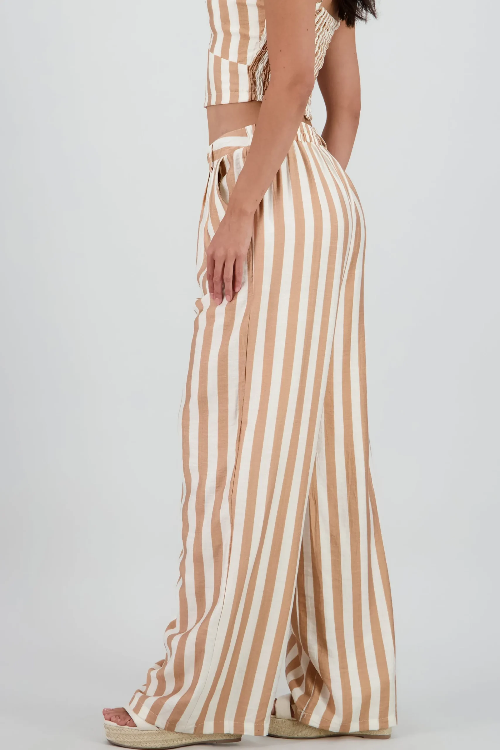 Shasa Wide Leg Striped Pants with Button Detail