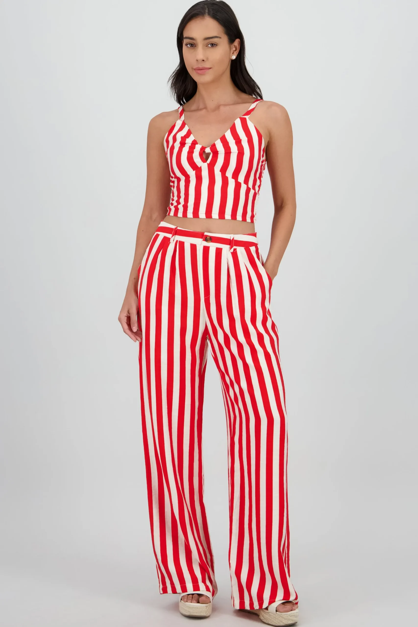 Shasa Wide Leg Striped Pants with Button Detail