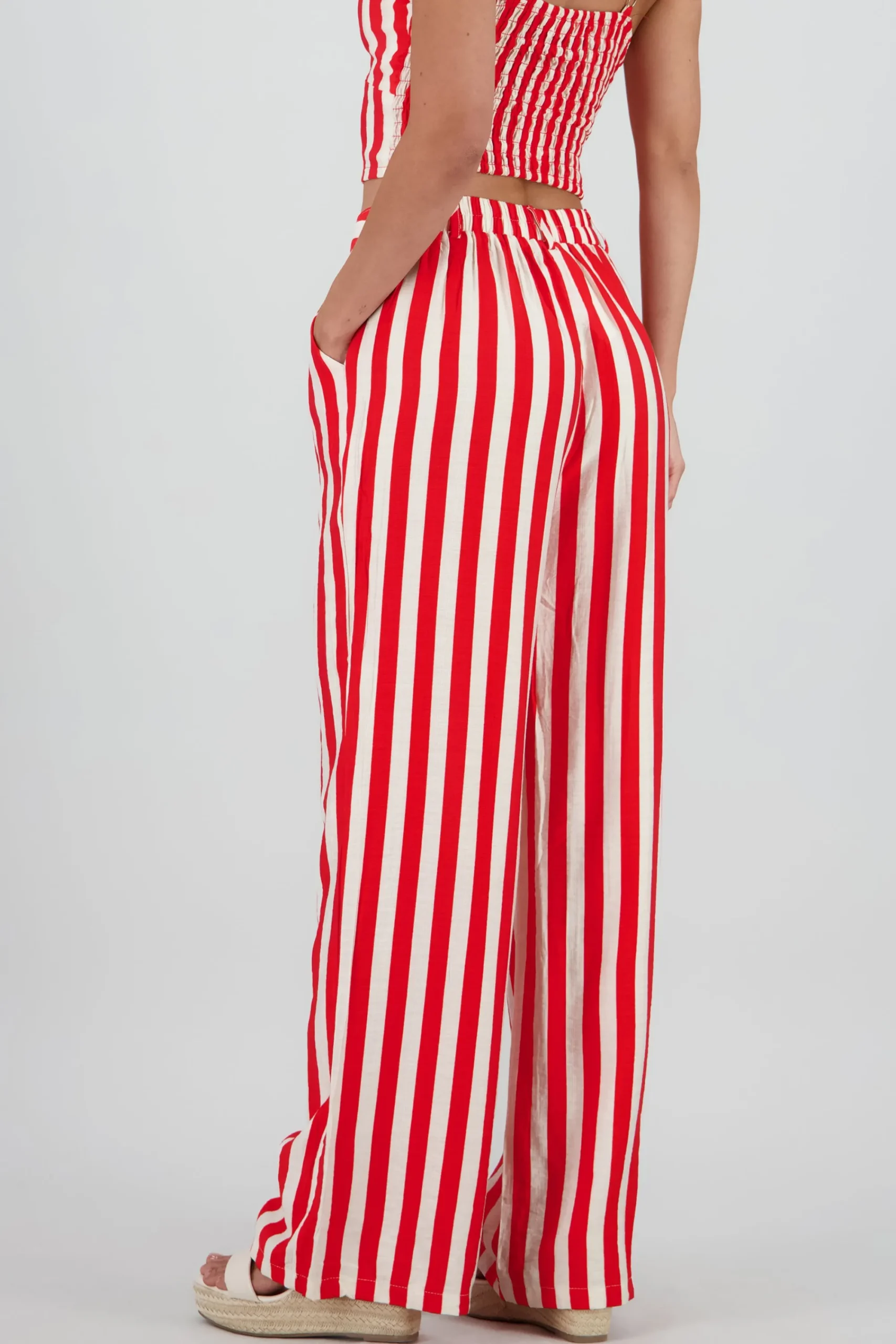 Shasa Wide Leg Striped Pants with Button Detail